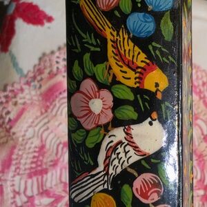 Hand-Painted Floral Bird Trinket Box in Black with Yellow & White Birds